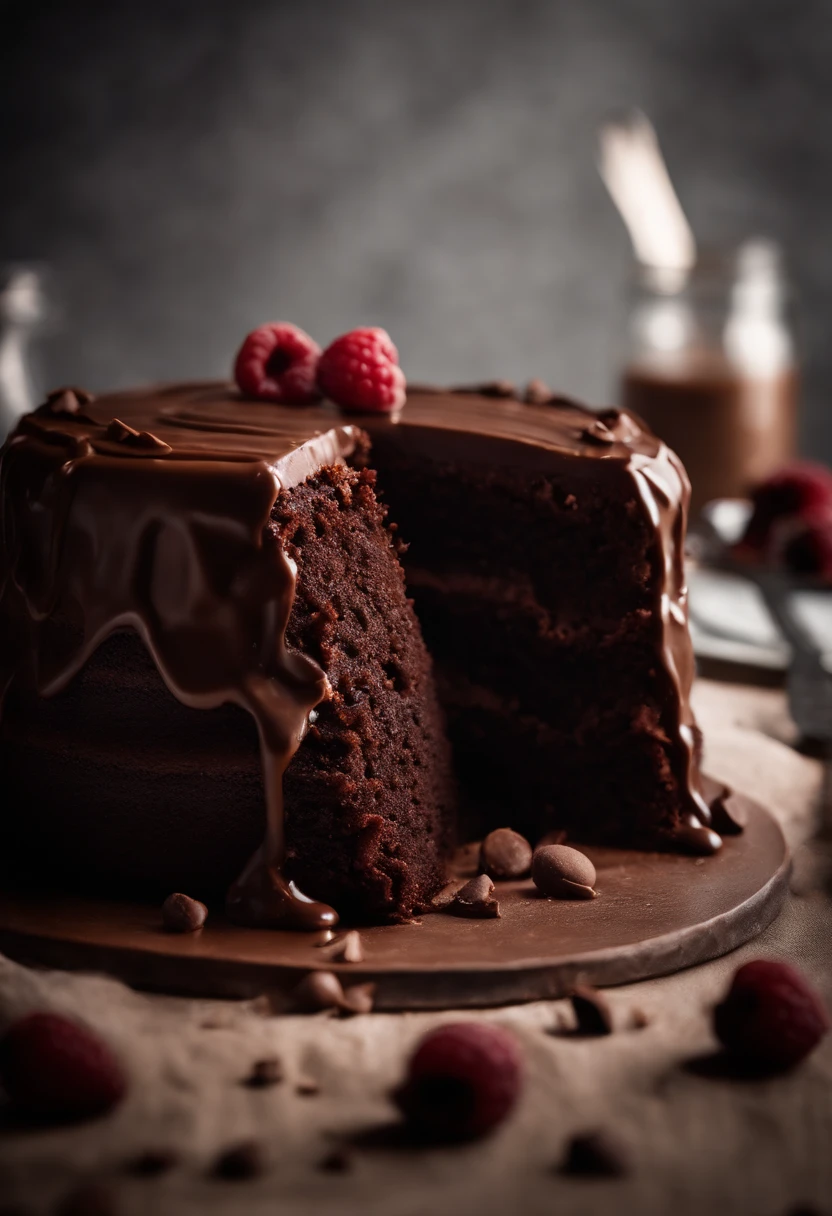 a high-resolution shot of a chocolate cake with a molten chocolate center, highlighting the oozy, decadent filling and the contrast with the cake itself