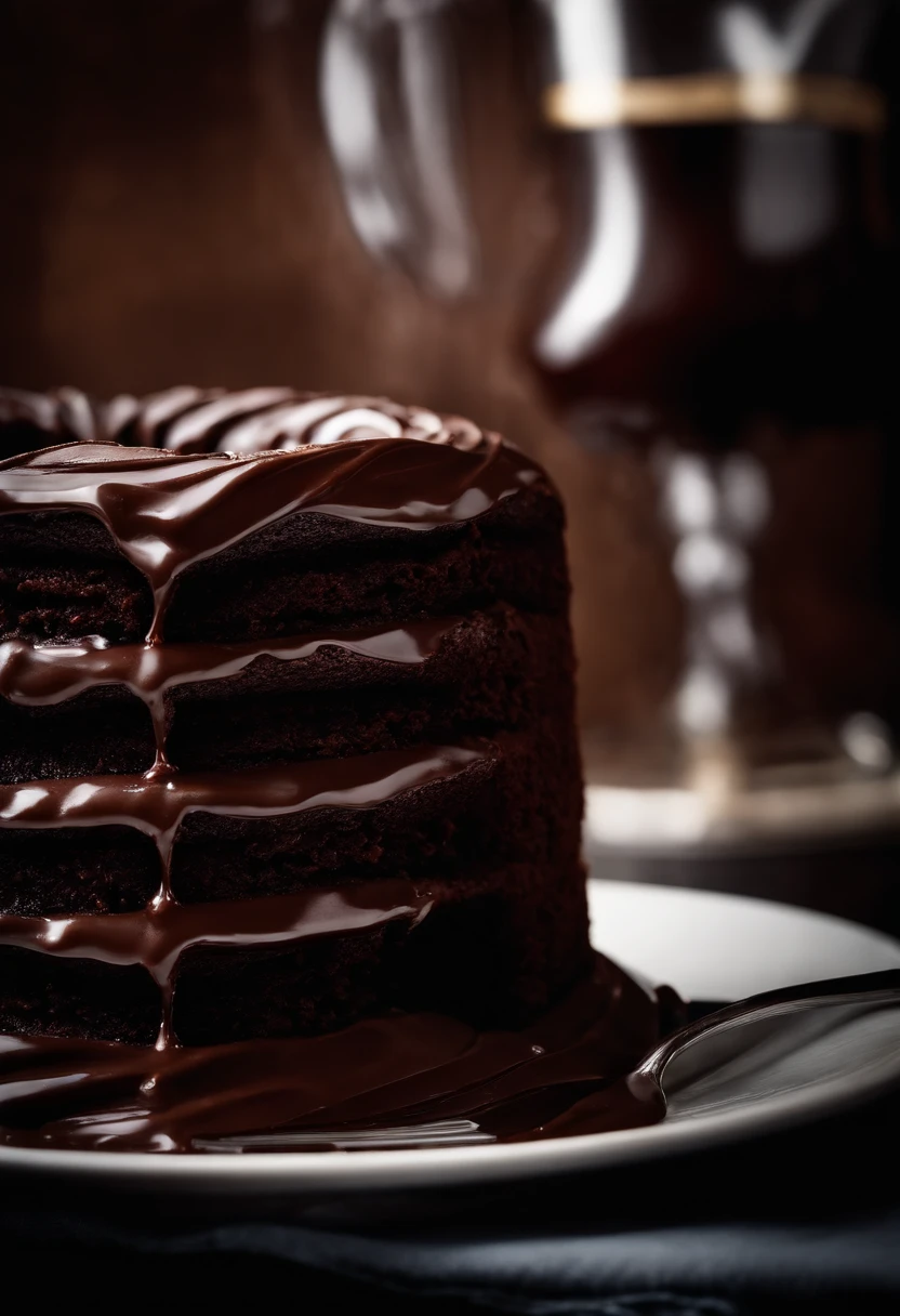 a high-resolution shot of a chocolate cake with a molten chocolate center, highlighting the oozy, decadent filling and the contrast with the cake itself