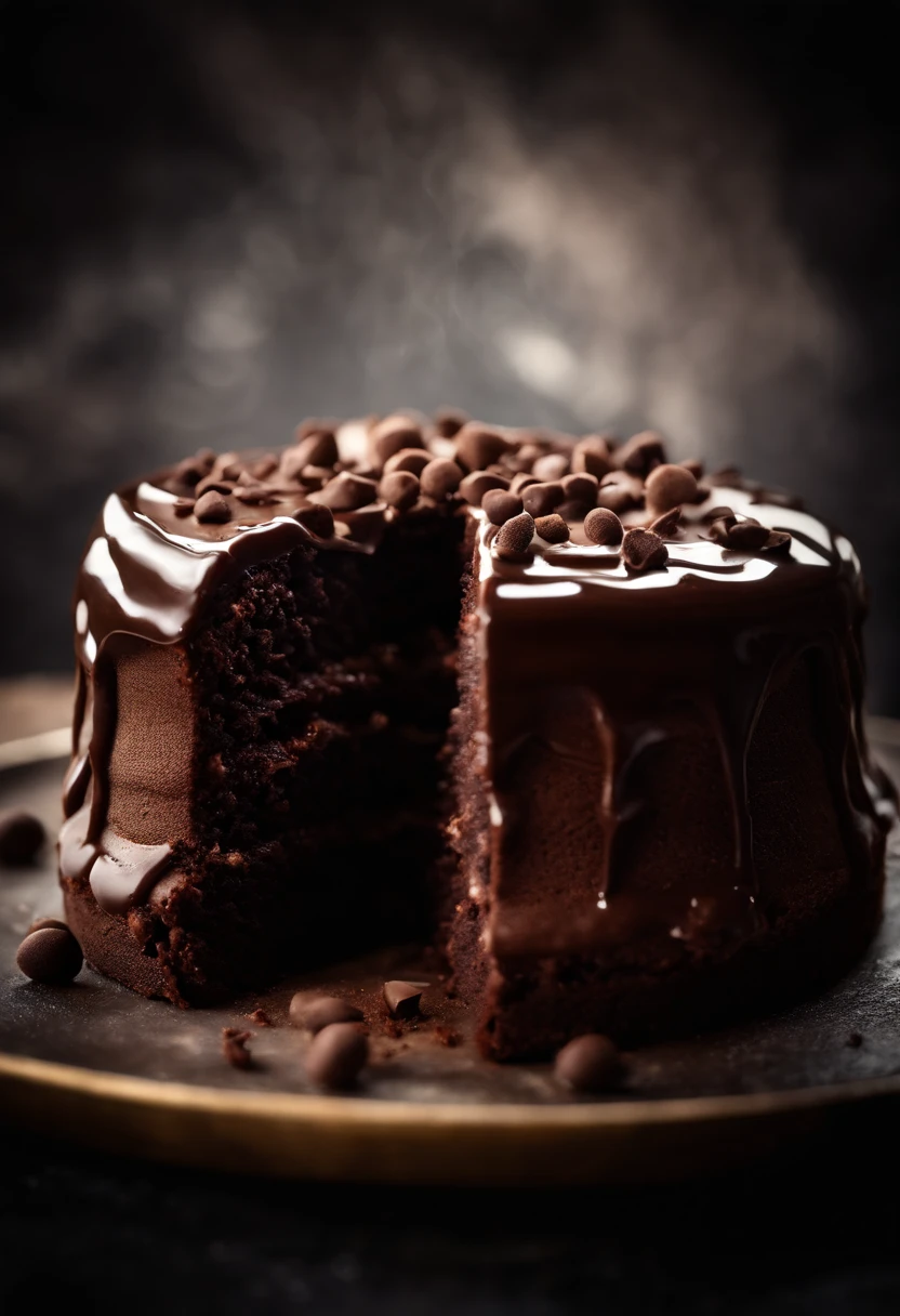 a high-resolution shot of a chocolate cake with a molten chocolate center, highlighting the oozy, decadent filling and the contrast with the cake itself