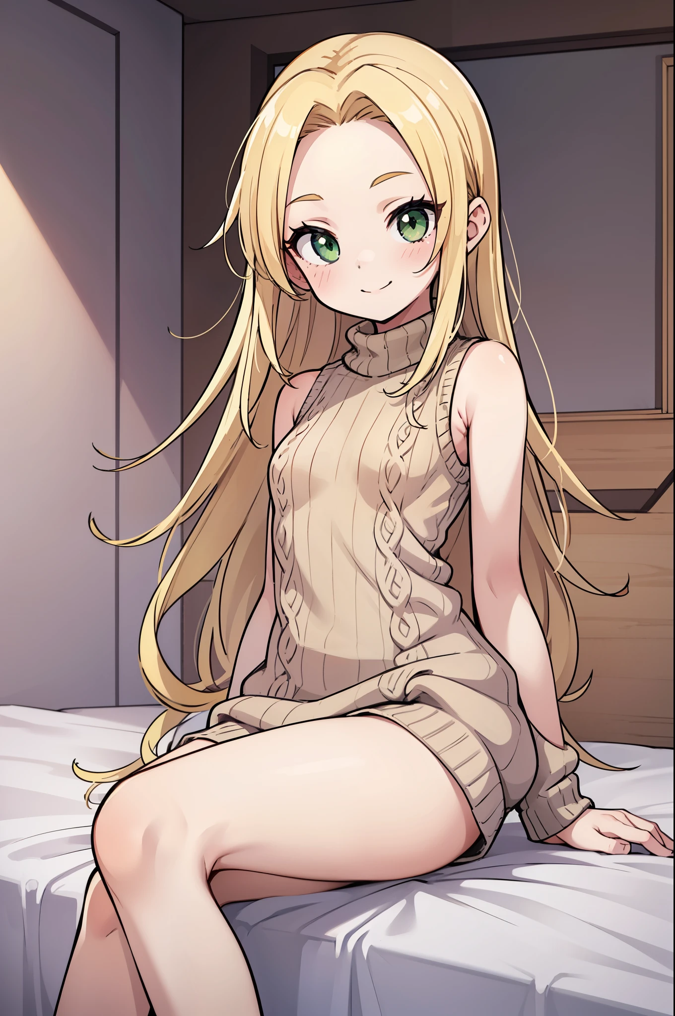 masterpiece, best quality, a girl sitting in bed with her legs crossed, 1girl, solo, blonde, beige hair, very long hair, forehead, green eyes, small breasts, petite, nervous smile, cute, turtleneck sweater, sleeveless, sleeveless sweater, oversized sweater, bottomless, bedroom, bed, sitting in bed, hand censor, suggestive, nsfw