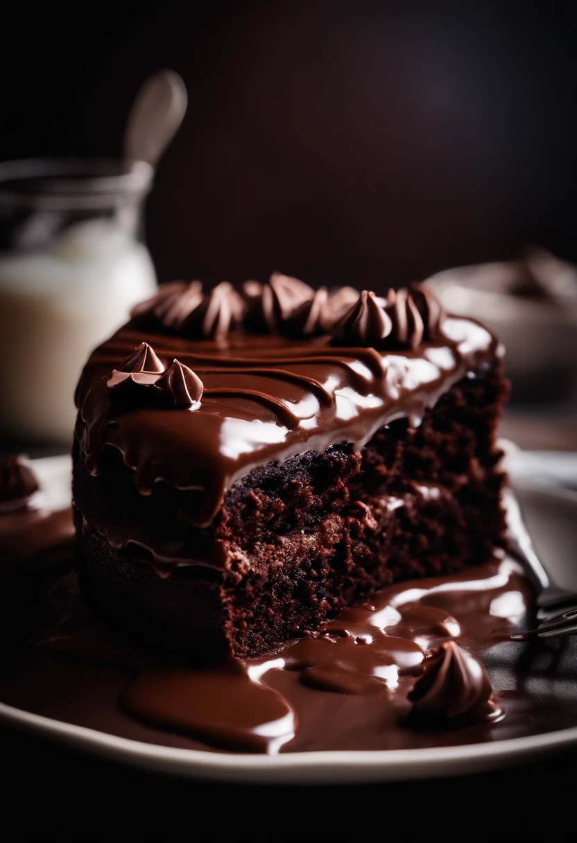a high-resolution shot of a chocolate cake with a molten chocolate center, highlighting the oozy, decadent filling and the contrast with the cake itself