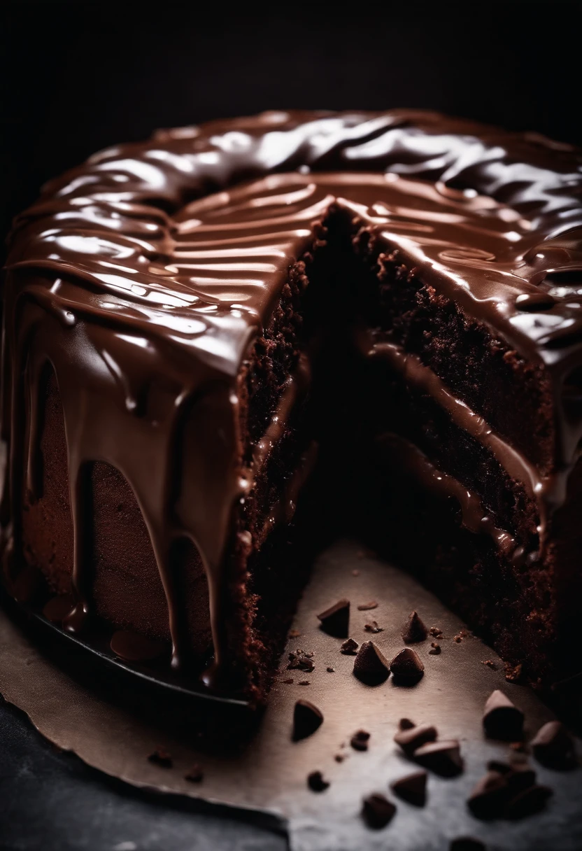 a high-resolution shot of a chocolate cake with a molten chocolate center, highlighting the oozy, decadent filling and the contrast with the cake itself