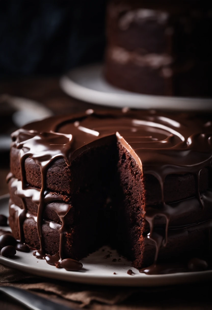 a high-resolution shot of a chocolate cake with a molten chocolate center, highlighting the oozy, decadent filling and the contrast with the cake itself
