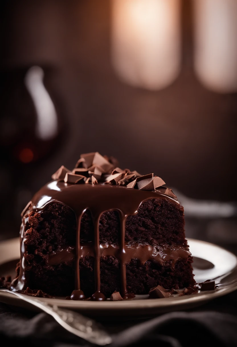 a high-resolution shot of a chocolate cake with a molten chocolate center, highlighting the oozy, decadent filling and the contrast with the cake itself