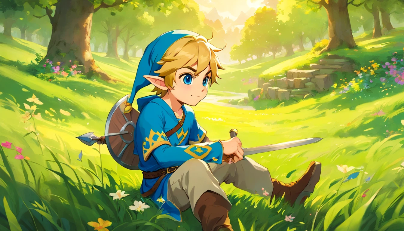 A boy with blonde hair and pointed ears, wearing a green hat and a blue tunic, holding a sword and a shield, resting sitting in a vast green field filled with tall grass and blooming flowers, surrounded by lush trees. The boy has intense blue eyes and a relaxed expression on his face. The sunlight filters through the leaves of the trees, casting a warm and vibrant glow on the scene. The atmosphere is filled with a sense of adventure . The artwork is created using traditional painting techniques, with vibrant colors and intricate brushstrokes. The details are highly realistic, capturing every intricate detail of the boy's face and the surrounding environment. The painting has a high resolution and is meticulously crafted, showcasing the artist's skill and attention to detail. The style of the artwork is reminiscent of classic fantasy illustrations, with a touch of modern aesthetics. The color palette is rich and vibrant, with a focus on lush greens and bright blues, creating a sense of enchantment and wonder. The lighting in the painting is soft and warm, creating a cozy and inviting atmosphere. The overall composition of the artwork is balanced and visually pleasing, with a strong focal point on the boy and the surrounding nature.