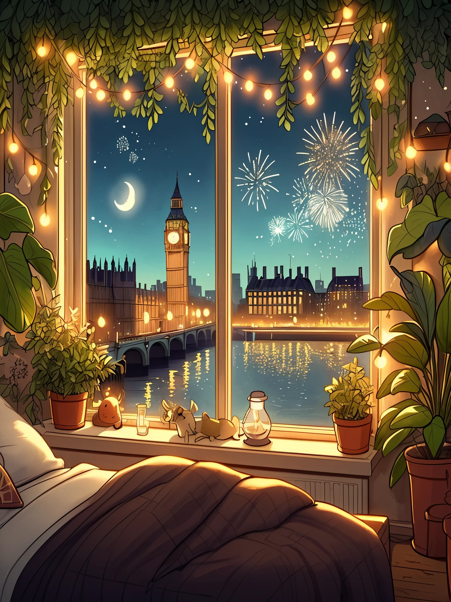 Draw cartoon concept art scene of view from bedroom window of new year celebration in London, night, beautiful sky, natural colors, masterpiece, peaceful scene, no one