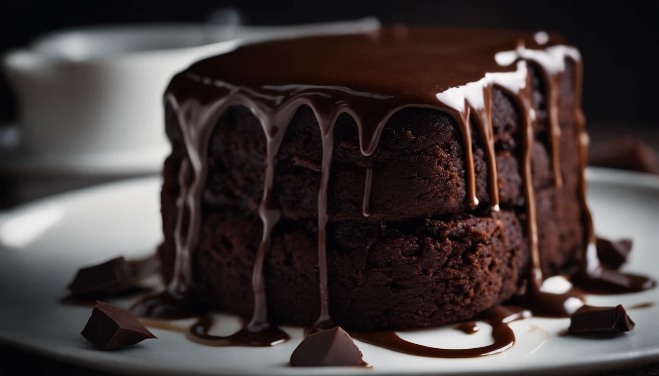 a high-resolution shot of a chocolate cake with a molten chocolate center, highlighting the oozy, decadent filling and the contrast with the cake itself