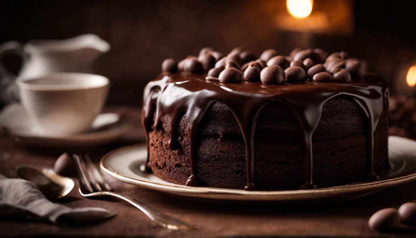 a high-resolution shot of a chocolate cake with a molten chocolate center, highlighting the oozy, decadent filling and the contrast with the cake itself