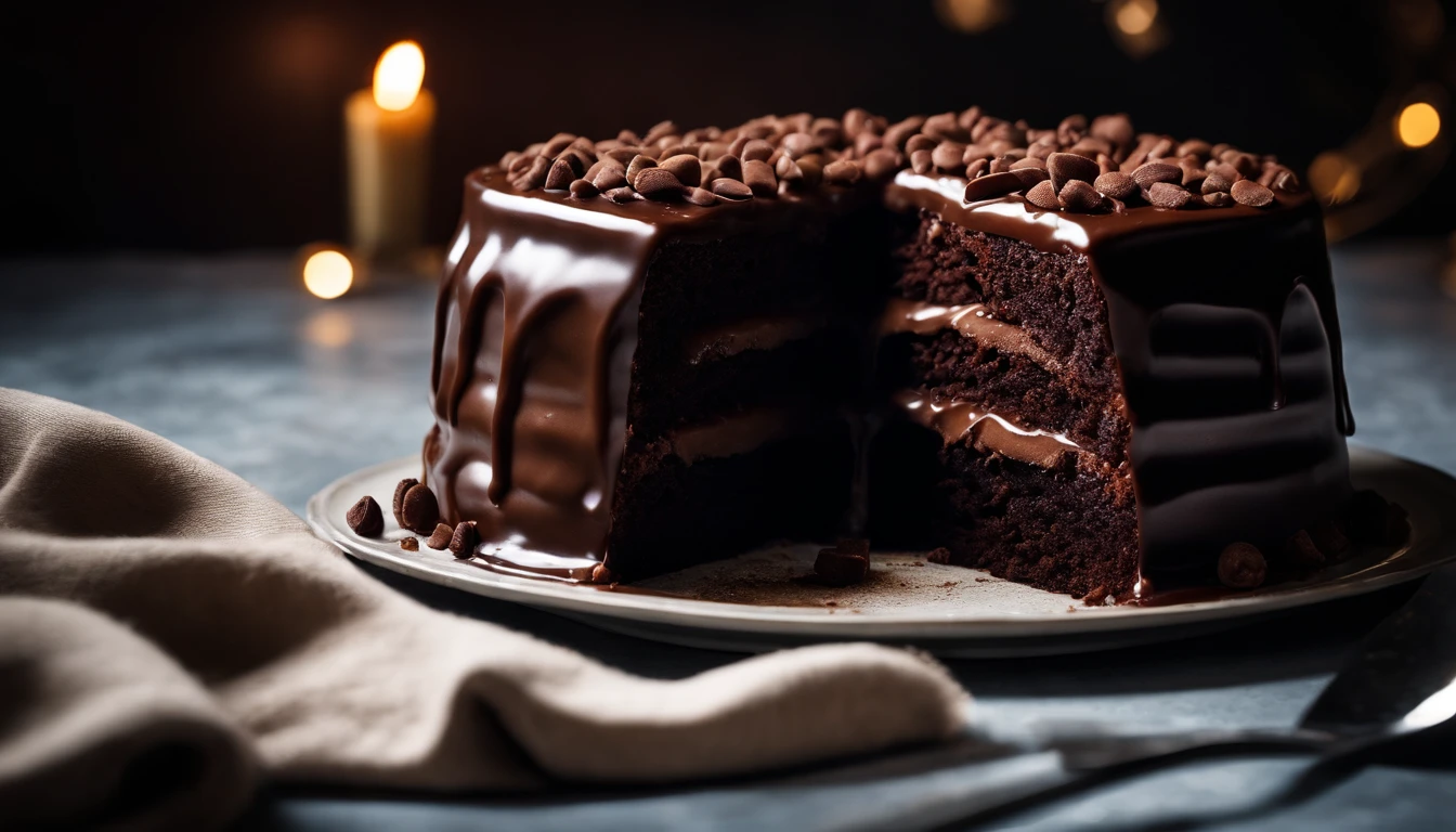 a high-resolution shot of a chocolate cake with a molten chocolate center, highlighting the oozy, decadent filling and the contrast with the cake itself