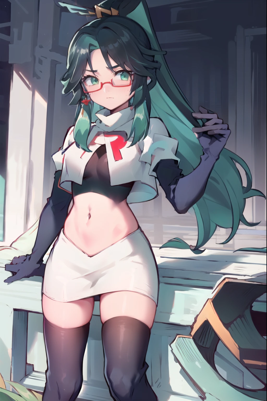 2d, masterpiece, best quality, anime, highly detailed face, perfect lighting, long hair, ponytail, multicolored hair, black hair, bangs, glasses, semi-rimless eyewear, earrings, green hair, hair ornament, jewelry, red-framed eyewear, green eyes, team rocket,team rocket uniform,white skirt,red letter R,crop top,black thigh-high boots,black elbow gloves, embarrassed, blush