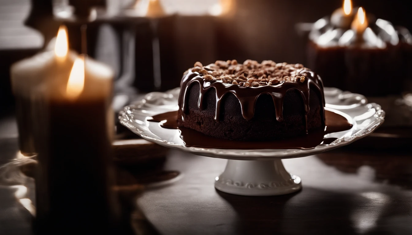 a high-resolution shot of a chocolate cake with a molten chocolate center, highlighting the oozy, decadent filling and the contrast with the cake itself