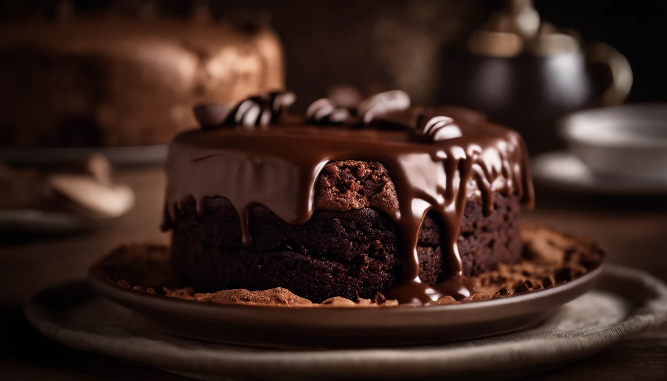 a high-resolution shot of a chocolate cake with a molten chocolate center, highlighting the oozy, decadent filling and the contrast with the cake itself