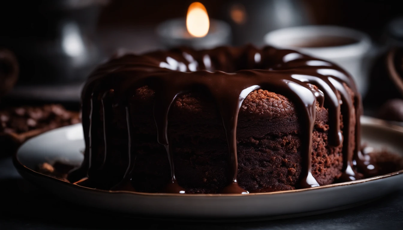 a high-resolution shot of a chocolate cake with a molten chocolate center, highlighting the oozy, decadent filling and the contrast with the cake itself