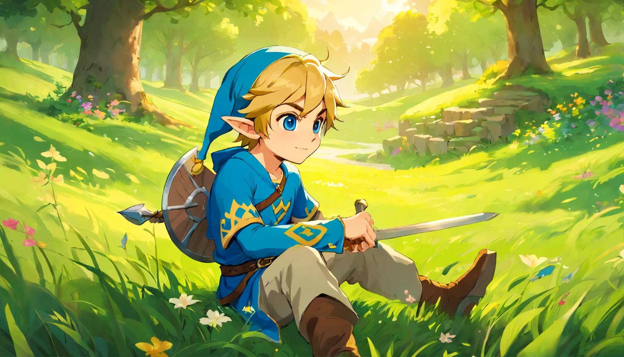 A boy with blonde hair and pointed ears, wearing a green hat and a blue tunic, holding a sword and a shield, resting sitting in a vast green field filled with tall grass and blooming flowers, surrounded by lush trees. The boy has intense blue eyes and a relaxed expression on his face. The sunlight filters through the leaves of the trees, casting a warm and vibrant glow on the scene. The atmosphere is filled with a sense of adventure . The artwork is created using traditional painting techniques, with vibrant colors and intricate brushstrokes. The details are highly realistic, capturing every intricate detail of the boy's face and the surrounding environment. The painting has a high resolution and is meticulously crafted, showcasing the artist's skill and attention to detail. The style of the artwork is reminiscent of classic fantasy illustrations, with a touch of modern aesthetics. The color palette is rich and vibrant, with a focus on lush greens and bright blues, creating a sense of enchantment and wonder. The lighting in the painting is soft and warm, creating a cozy and inviting atmosphere. The overall composition of the artwork is balanced and visually pleasing, with a strong focal point on the boy and the surrounding nature.