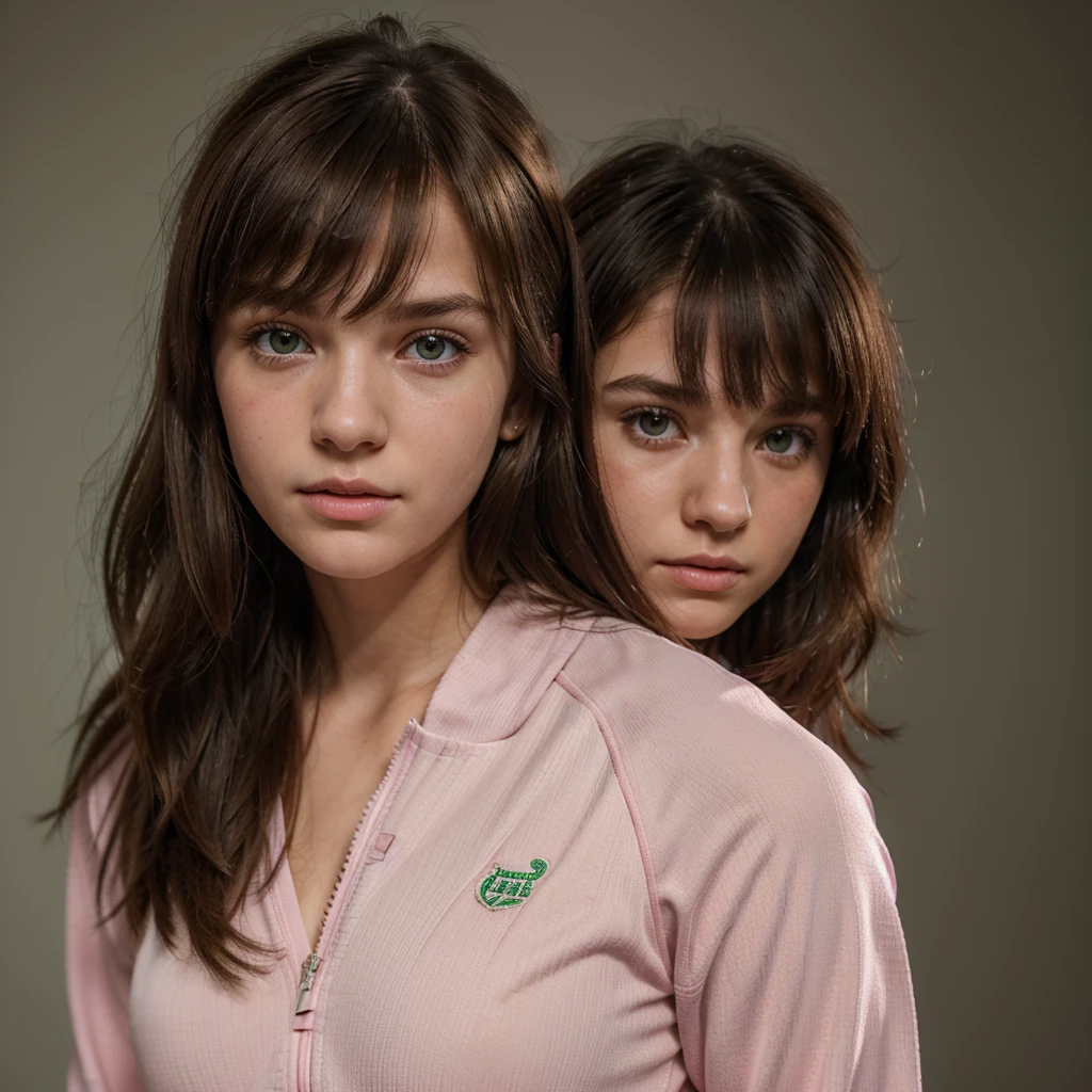 1girl, cute brunette girl, hair bangs, pink sport suit, green eyes, ultra realistic soft skin, extreme detail, high masterpiece, 8k, photography, studio light, ultra realistic lighting, high realistic ray tracing, cowboy dress, RAW photo, photo studio, perfect detailed cute face, perfect teenage details, school corridor
