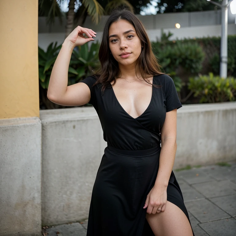 (masterpiece, best quality:1.2), 1girl, solo, mjr, ultra high quality image, a 21 year old girl, she is standing, she is raising her arms and resting them on her head, modeling a black minidress and white sneakers, in the street, candid photography, random photo, at noon, from below, low angle photography