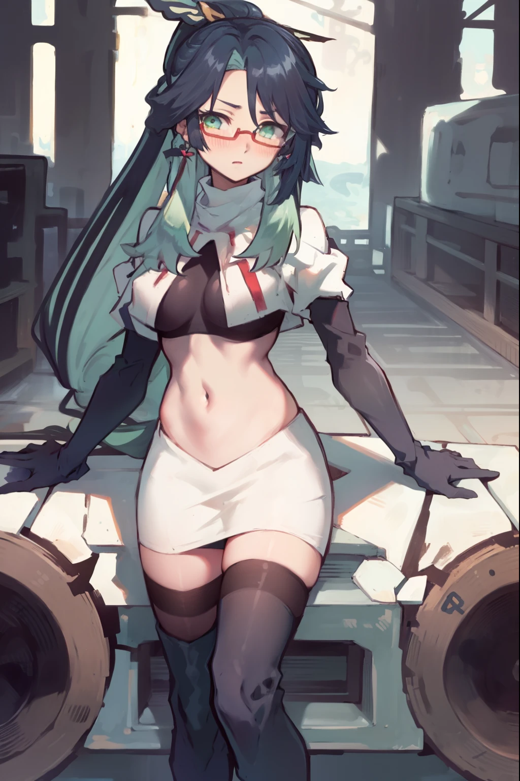 2d, masterpiece, best quality, anime, highly detailed face, perfect lighting, long hair, ponytail, multicolored hair, black hair, bangs, glasses, semi-rimless eyewear, earrings, green hair, hair ornament, jewelry, red-framed eyewear, green eyes, team rocket,team rocket uniform,white skirt,red letter R,crop top,black thigh-high boots,black elbow gloves, embarrassed, blush