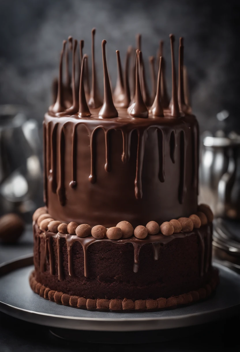 a creative shot of a chocolate cake with a unique design, such as a drip cake, ombre effect, or intricate piping work, showcasing the artistry and craftsmanship involved