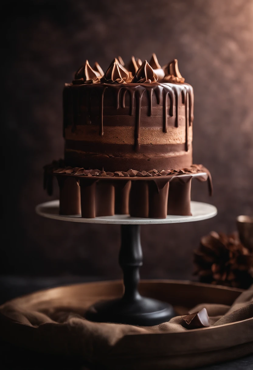 a creative shot of a chocolate cake with a unique design, such as a drip cake, ombre effect, or intricate piping work, showcasing the artistry and craftsmanship involved