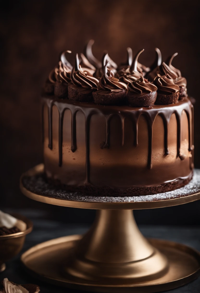a creative shot of a chocolate cake with a unique design, such as a drip cake, ombre effect, or intricate piping work, showcasing the artistry and craftsmanship involved
