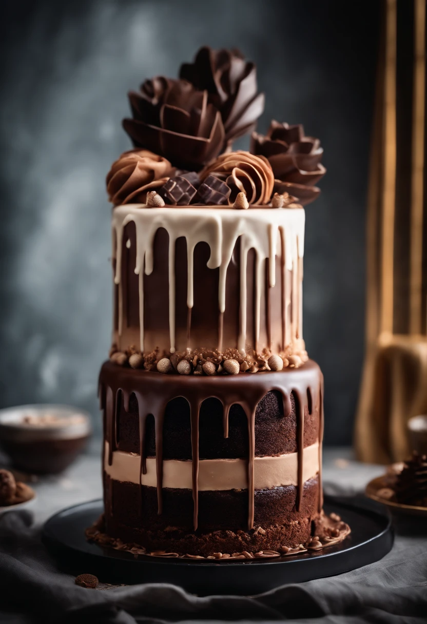 a creative shot of a chocolate cake with a unique design, such as a drip cake, ombre effect, or intricate piping work, showcasing the artistry and craftsmanship involved