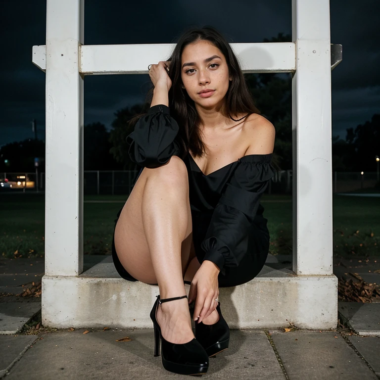 hyper-realistic Latin girl with freckles, mood selfie for instagram, Ultra Definition, (photoreallistic: 1.4), 8k, calidad premier, fondos detallados, cara delicada, maquillaje natural, foto raw, iphone, HDR, Coqueteando con el espectador, wearing a luxurious black dress with black heels, at night, dark sky
