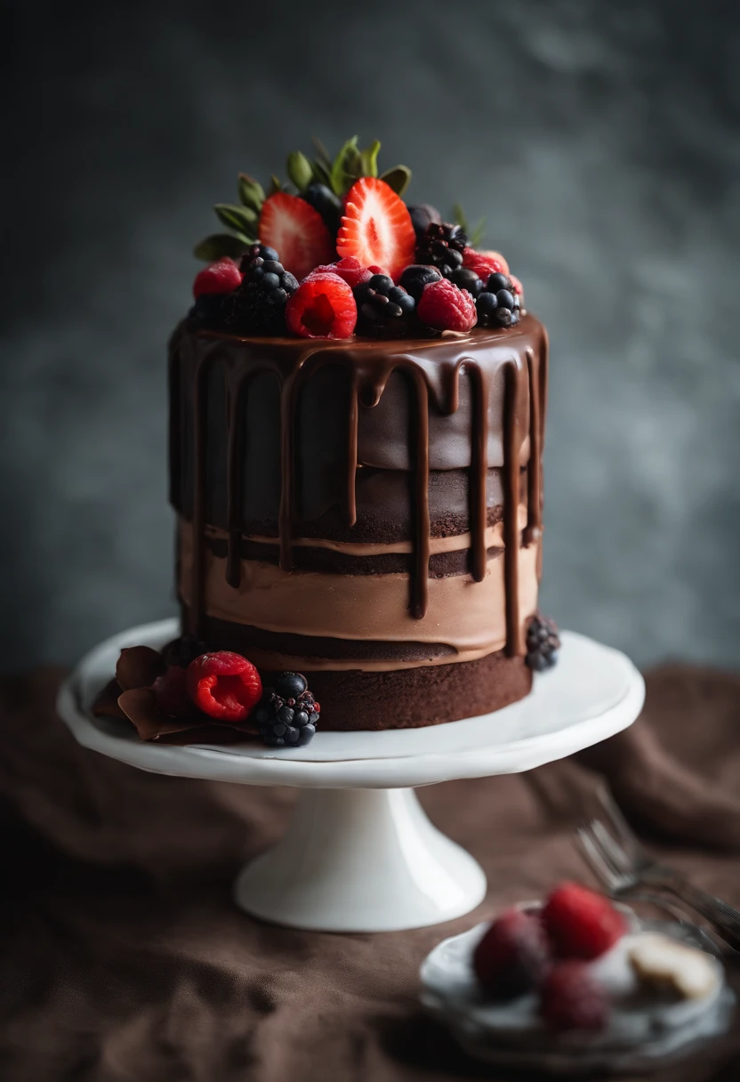 a creative shot of a chocolate cake with a unique design, such as a drip cake, ombre effect, or intricate piping work, showcasing the artistry and craftsmanship involved