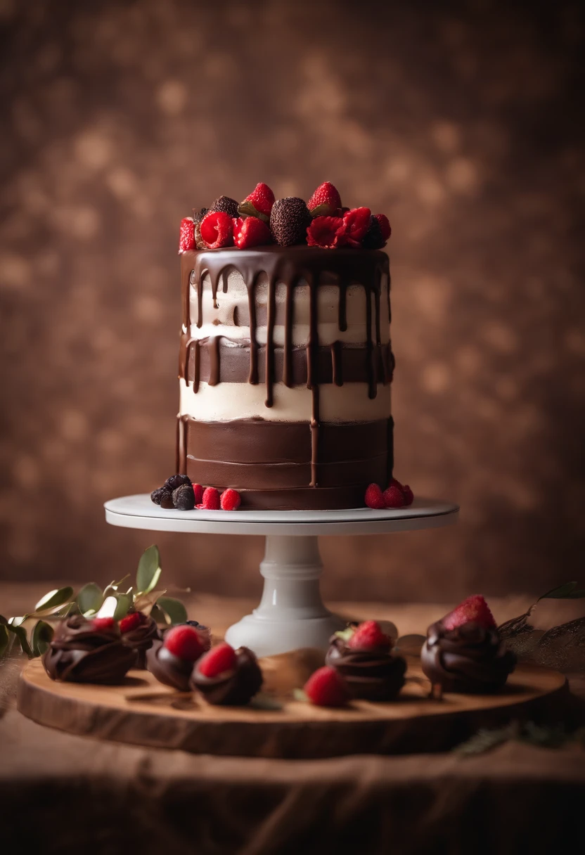 a creative shot of a chocolate cake with a unique design, such as a drip cake, ombre effect, or intricate piping work, showcasing the artistry and craftsmanship involved