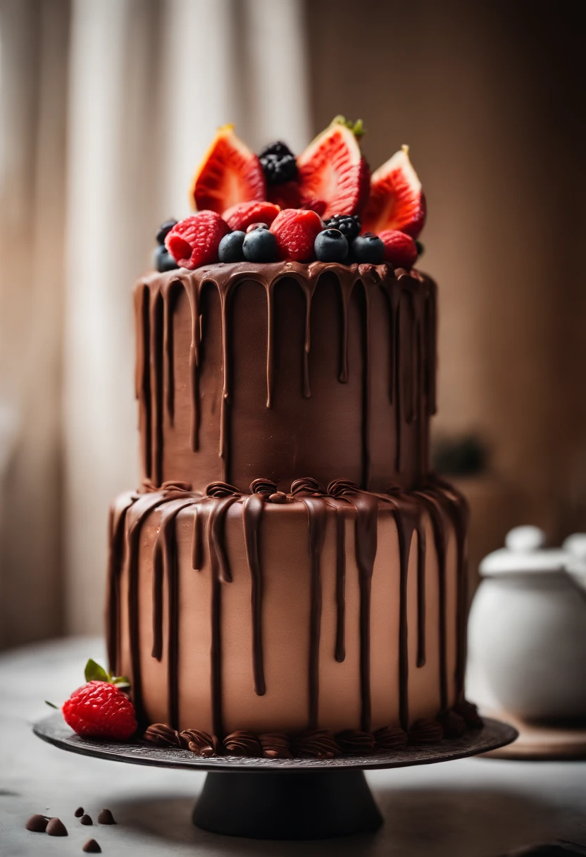 a creative shot of a chocolate cake with a unique design, such as a drip cake, ombre effect, or intricate piping work, showcasing the artistry and craftsmanship involved