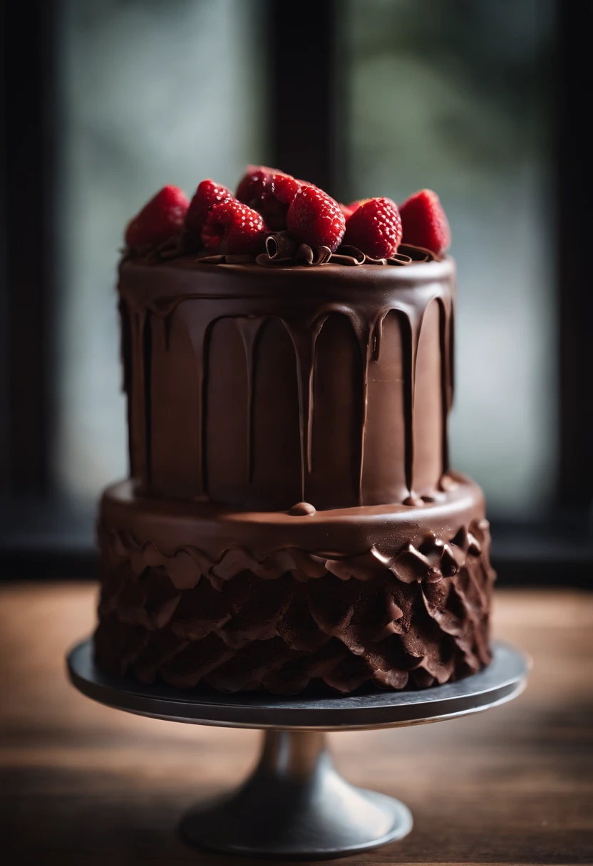 a creative shot of a chocolate cake with a unique design, such as a drip cake, ombre effect, or intricate piping work, showcasing the artistry and craftsmanship involved