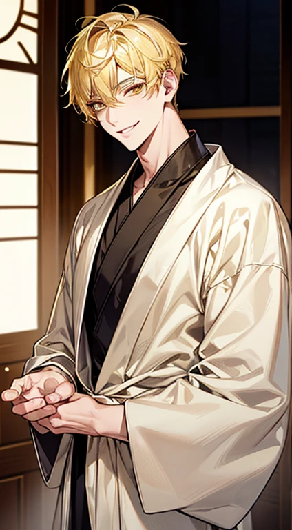 yellow short hair, yellow long eyelashes、Handsome boy with yellow eyebrows and yellow expressive eyes, Smiling, Yellow eyes、细致背景、(Black bathrobe)