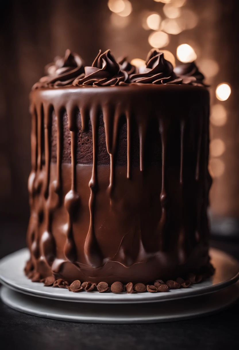 a creative shot of a chocolate cake with a unique design, such as a drip cake, ombre effect, or intricate piping work, showcasing the artistry and craftsmanship involved