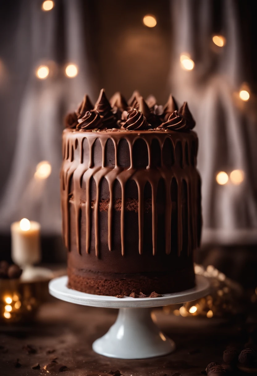 a creative shot of a chocolate cake with a unique design, such as a drip cake, ombre effect, or intricate piping work, showcasing the artistry and craftsmanship involved