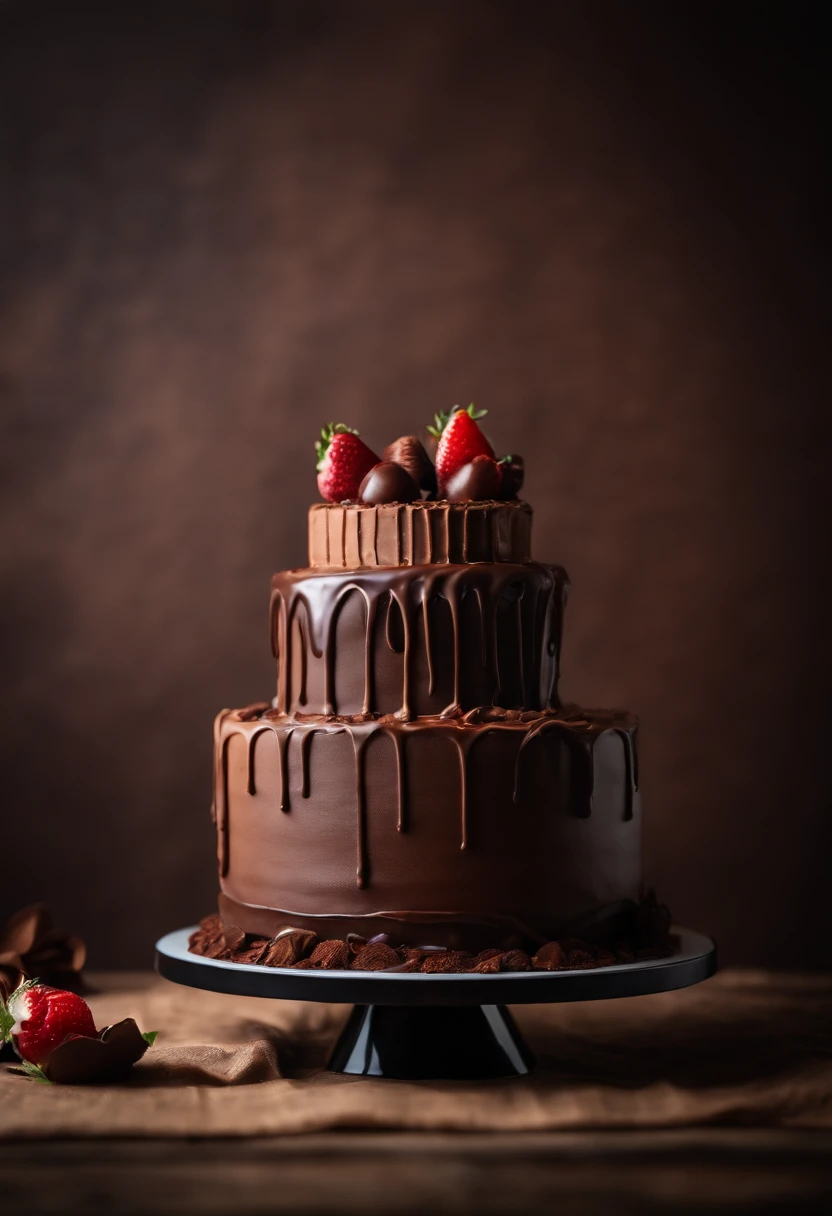 a creative shot of a chocolate cake with a unique design, such as a drip cake, ombre effect, or intricate piping work, showcasing the artistry and craftsmanship involved