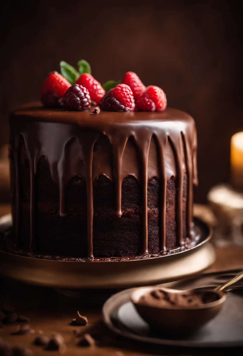 a creative shot of a chocolate cake with a unique design, such as a drip cake, ombre effect, or intricate piping work, showcasing the artistry and craftsmanship involved