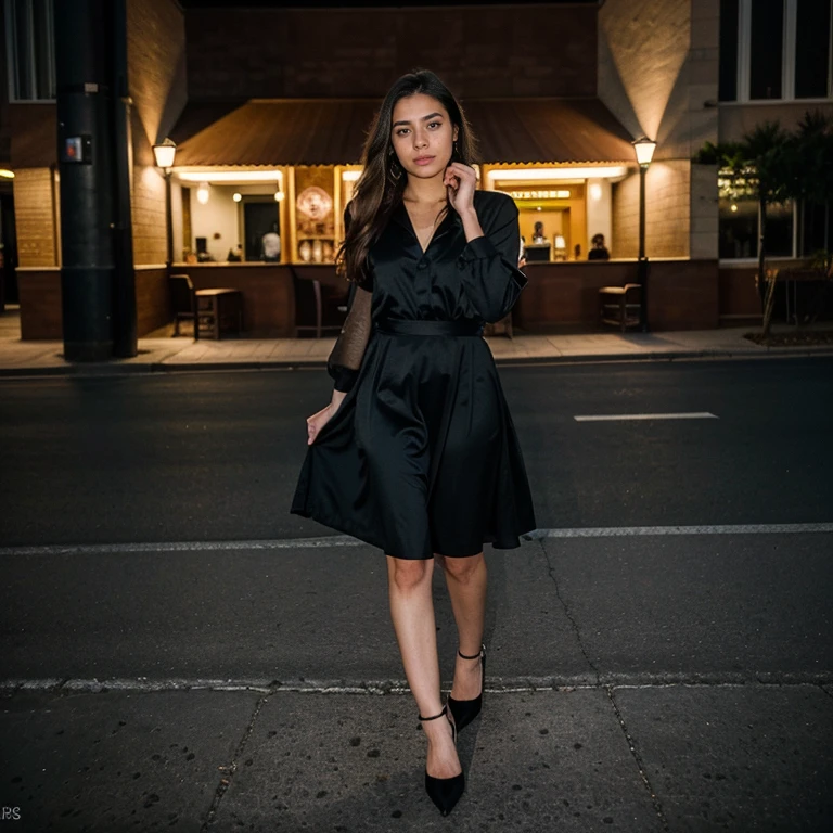 a 35 year-old rich woman with black dress that has red details, has brown long hair, pale skin, thin lips, green eyes, it is a dark night with city lights, ultra realistic, best quality, waist shot, looking to the camera