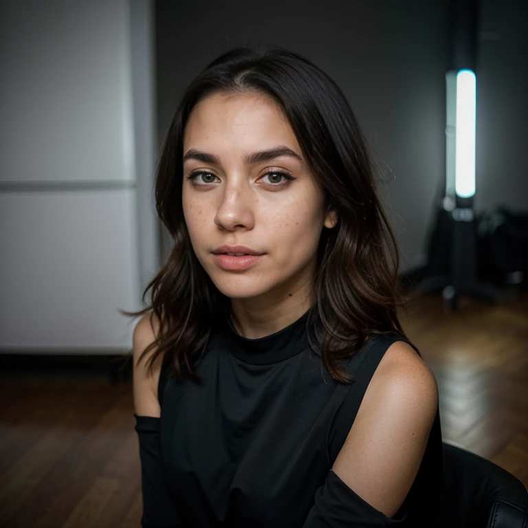 23-year-old hyper-realistic Latin girl with freckles, mood selfie for instagram, Ultra Definition, (photoreallistic: 1.4), 8k, calidad premier, fondos detallados, cara delicada, maquillaje natural, foto raw, iphone, HDR, Coqueteando con el espectador, wearing a luxurious black dress with black heels, at night, dark sky