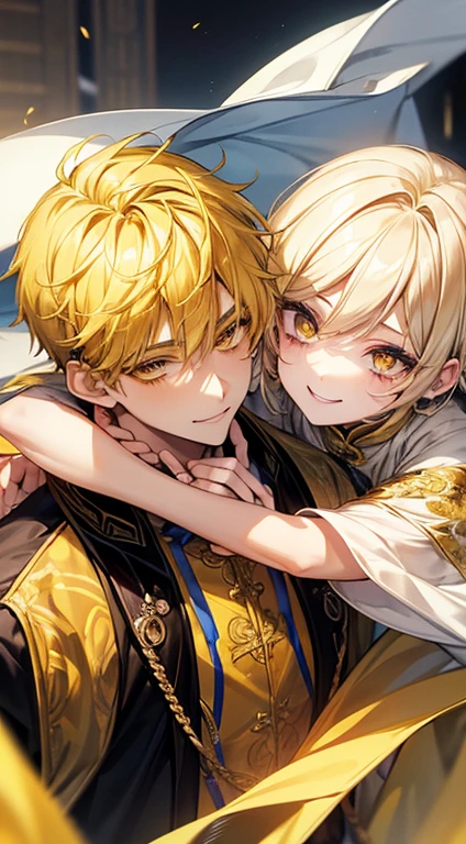 Yellow short hair, long yellow eyelashes、Handsome boy with yellow eyebrows and yellow expressive eyes, Smiling, Yellow eyes、细致背景