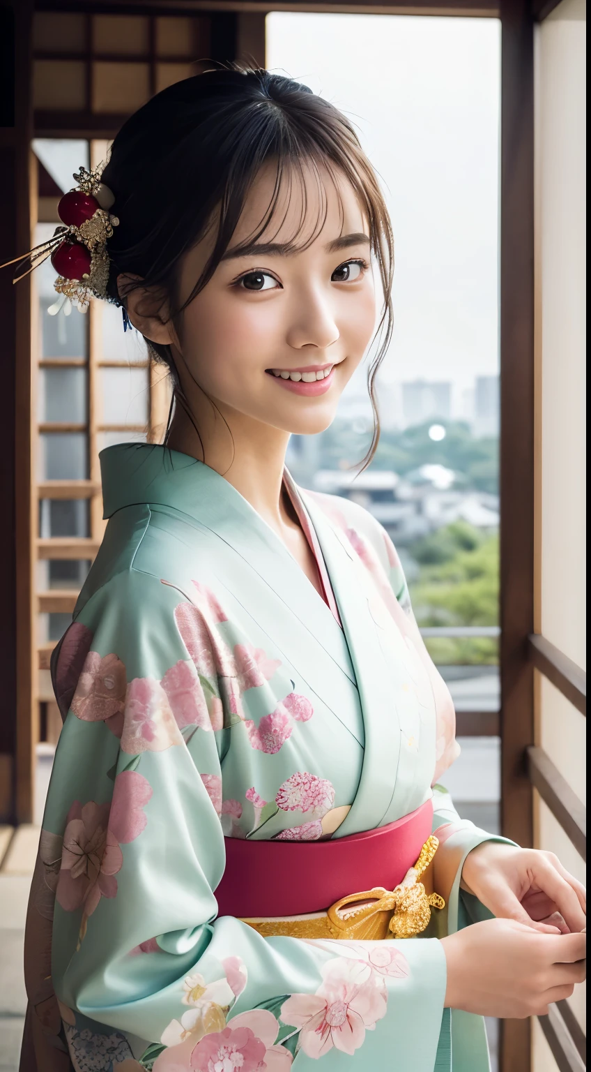 Professional Lighting,(Photorealsitic:1.4), (Top image quality:1.0), (超A high resolution:1.0), 8K, Raw photography, (​masterpiece:0.2), (pureerosface_v1:0.5)、(Best Quality Detail:1.2)、realisitic、8K UHD、hight resolution、(1girl in:1.2)、The ultra-detailliert、High quality textures、intricate detailes、detaileds、Very detailed CG、High quality shadows、Detail Beautiful delicate face、Detail Beautiful delicate eyes、(Symmetrical eyes:1.2),depth of fields、Ray traching,1girl in, japanaese girl, (Natural smile:1.4),Cute, slender, Portrait of a beautiful Japan woman in kimono, Standing in an elegant posture on a street corner in Kyoto. The kimono is vivid with traditional patterns, Hair decorated with elegant and delicate kanzashi, and a gentle expression. (Kyoto's old cityscape in the background:1.4)、Soft light on a spring afternoon、Adds tranquility to the scene. Render in a realistic style with meticulous attention to detail, high resolution images.skyporn, Magic Hour, (Realistic:1.3), Finely detailed, quality, (masutepiece:1.2), (Photorealistic:1.2), (Best Quality), (Intricate details), Dramatic, Ray tracing, photograph, +Lola