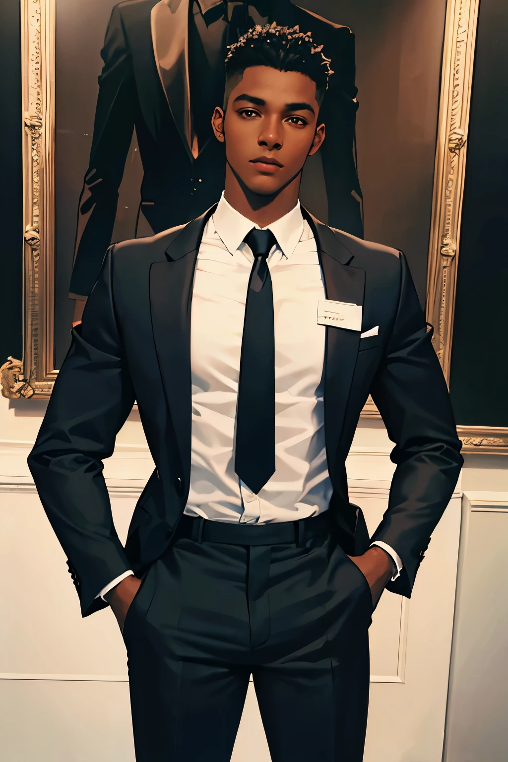A 20-year-old black man standing in a suit and tie, black, dark skin, black skin, Body and straight head in the photo, DSRL, facing the viewer of the photo, eyes staring into the lens, Appears shoulders and head in the photo, man centered in photo, 8k, best quality, masterpiece, realistic, realistic photo, cinema photo, ultra realistic, 1 person, detailed, Dark Dark Lighting