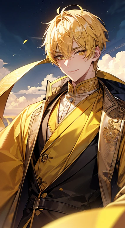 man 1、Yellow short hair, long yellow eyelashes、Handsome boy with yellow eyebrows and yellow expressive eyes, Smiling, Yellow eyes、细致背景