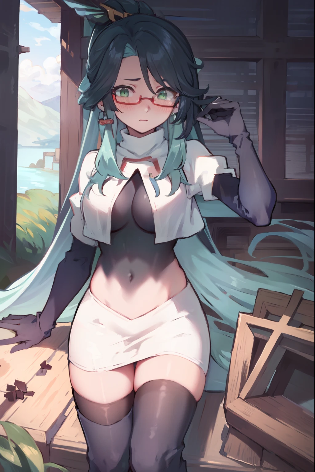 2d, masterpiece, best quality, anime, highly detailed face, perfect lighting, long hair, ponytail, multicolored hair, black hair, bangs, glasses, semi-rimless eyewear, earrings, green hair, hair ornament, jewelry, red-framed eyewear, green eyes, team rocket,team rocket uniform,white skirt,red letter R,crop top,black thigh-high boots,black elbow gloves, embarrassed, blush