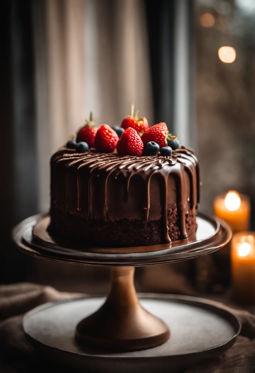 a creative shot of a chocolate cake with a unique design, such as a drip cake, ombre effect, or intricate piping work, showcasing the artistry and craftsmanship involved