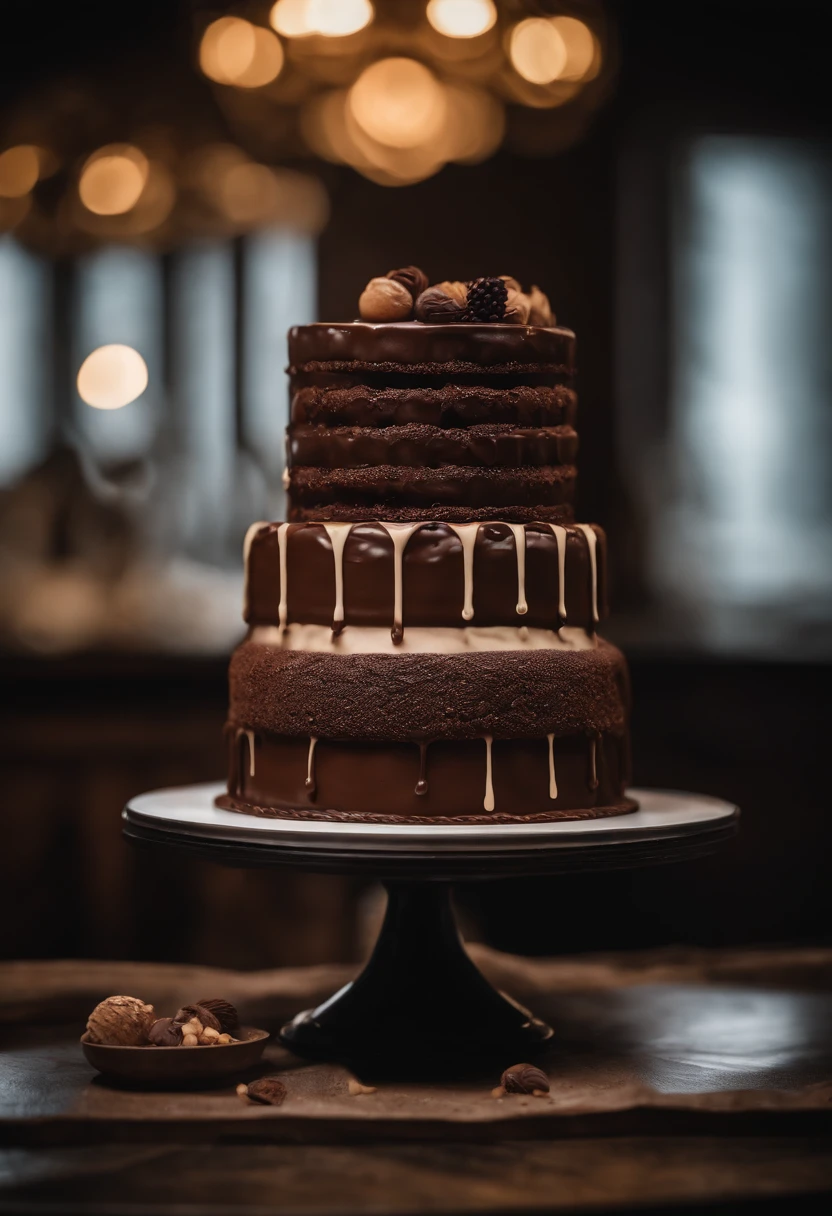 a creative shot of a chocolate cake with a unique design, such as a drip cake, ombre effect, or intricate piping work, showcasing the artistry and craftsmanship involved