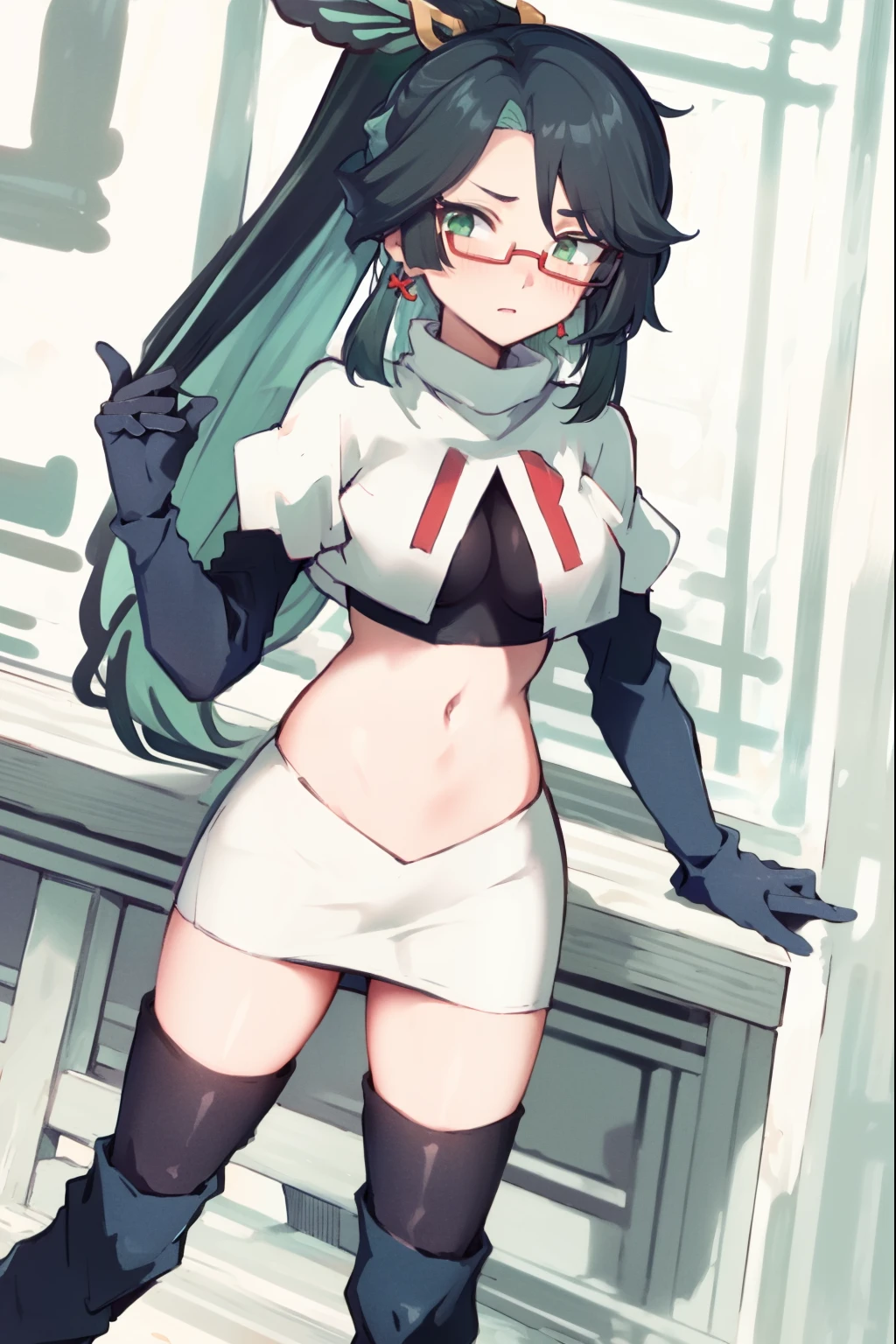 2d, masterpiece, best quality, anime, highly detailed face, perfect lighting, long hair, ponytail, multicolored hair, black hair, bangs, glasses, semi-rimless eyewear, earrings, green hair, hair ornament, jewelry, red-framed eyewear, green eyes, team rocket,team rocket uniform,white skirt,red letter R,crop top,black thigh-high boots,black elbow gloves, embarrassed, blush