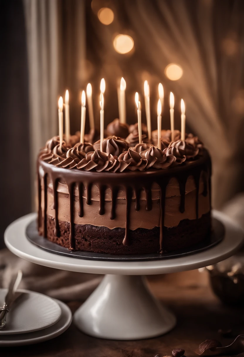 a creative shot of a chocolate cake with a unique design, such as a drip cake, ombre effect, or intricate piping work, showcasing the artistry and craftsmanship involved