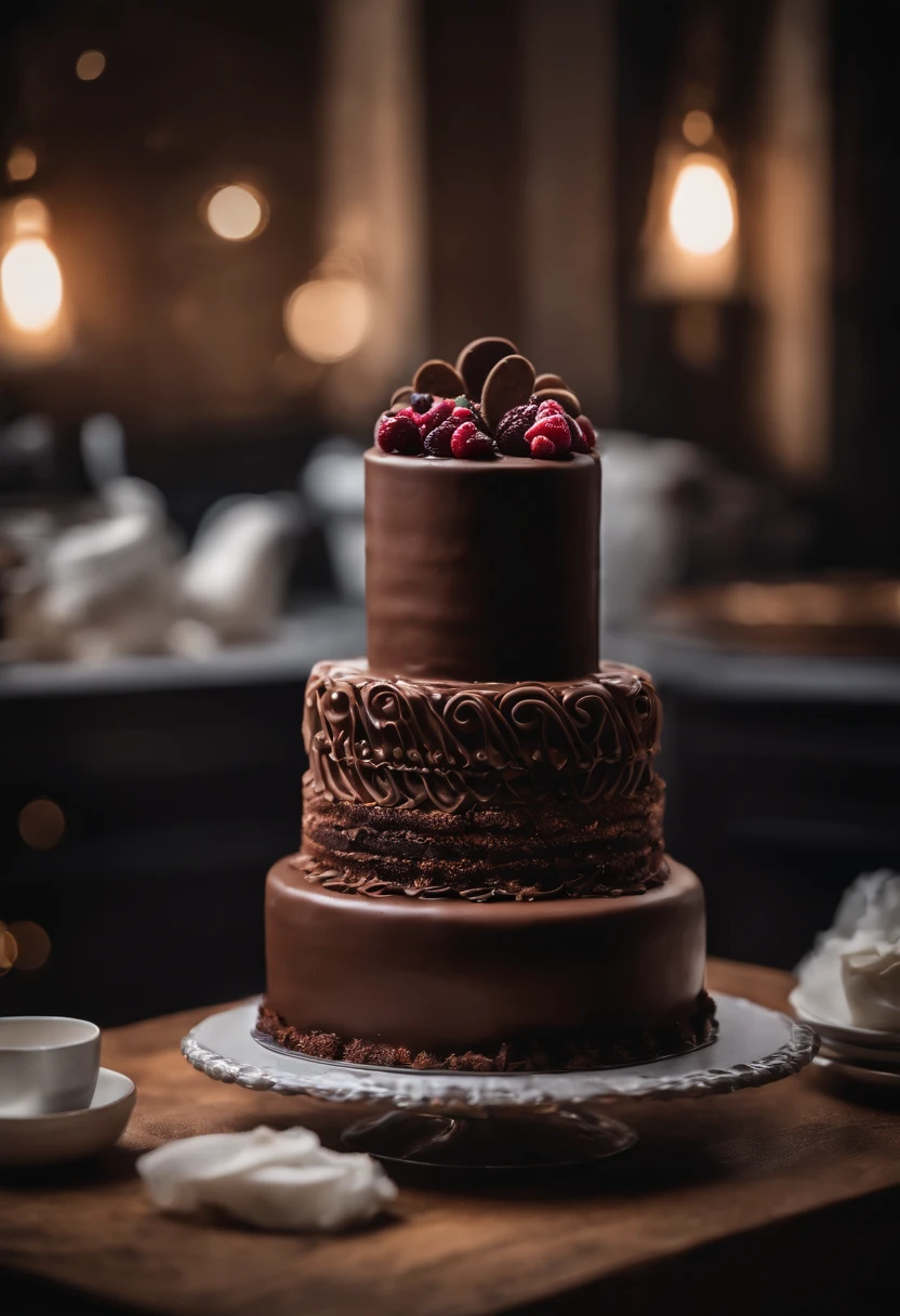 a creative shot of a chocolate cake with a unique design, such as a drip cake, ombre effect, or intricate piping work, showcasing the artistry and craftsmanship involved