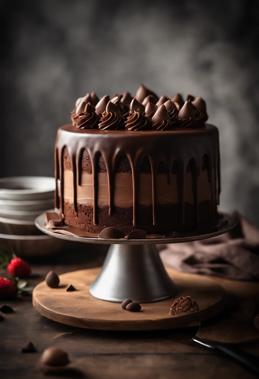 a creative shot of a chocolate cake with a unique design, such as a drip cake, ombre effect, or intricate piping work, showcasing the artistry and craftsmanship involved