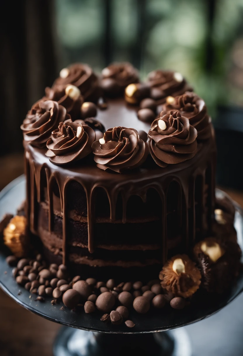 a creative shot of a chocolate cake with a unique design, such as a drip cake, ombre effect, or intricate piping work, showcasing the artistry and craftsmanship involved