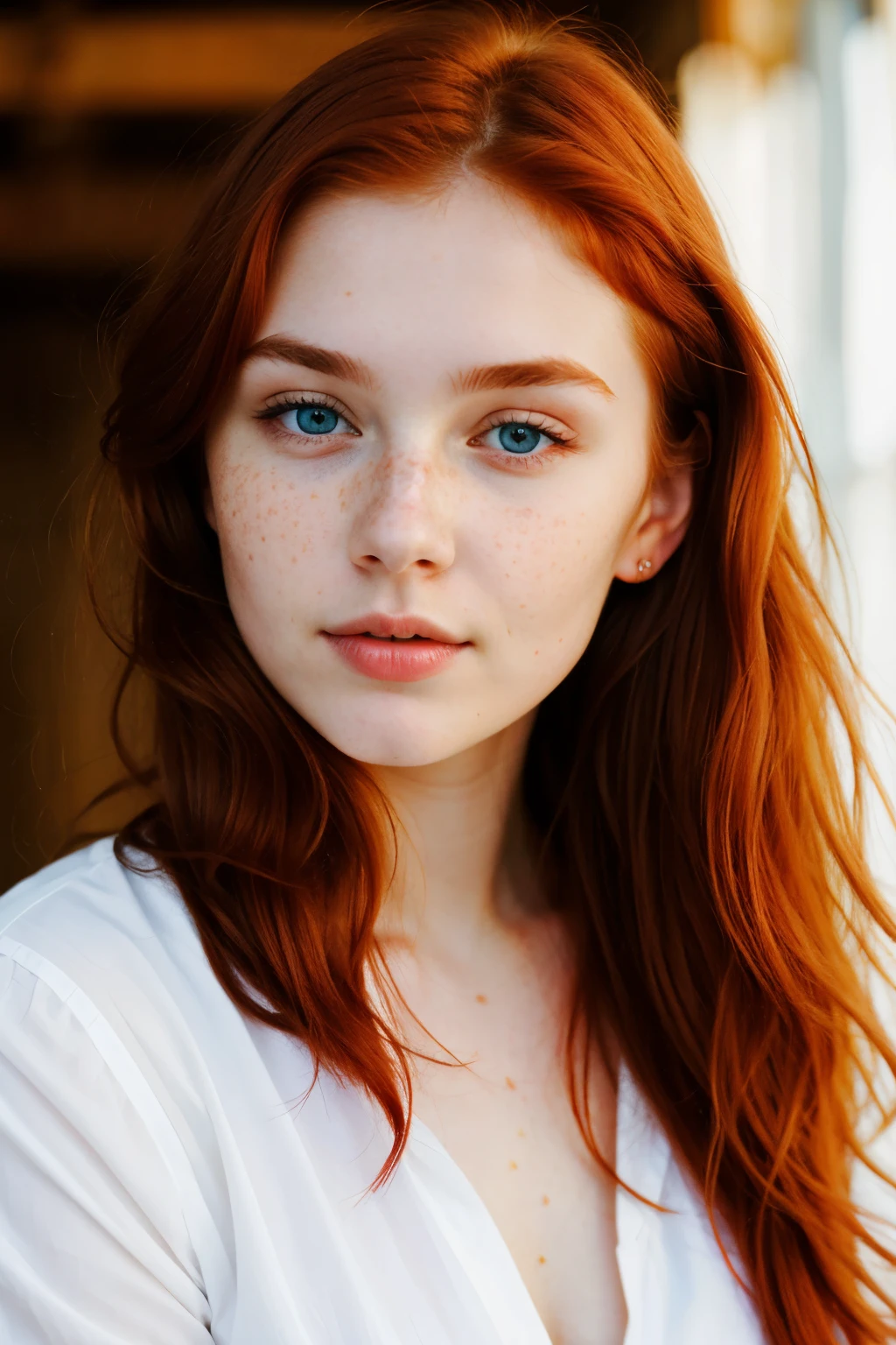 a beautiful young Russian woman, with reddish red hair, blue eyes, freckles and rosy cheeks